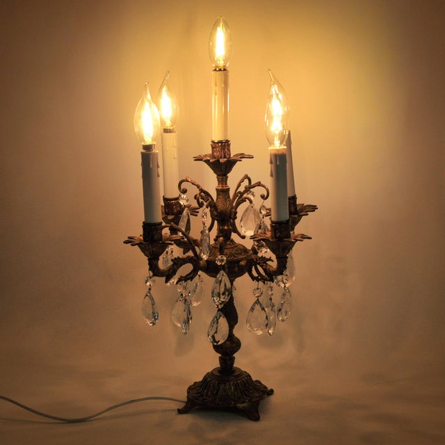 Vintage Brass and Crystal Table Chandelier 5 Arm Candelabra Lamp For Sale - Image 15 of 15