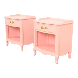 Drexel French Provincial Louis XV Pink Lacquered Nightstands, Newly Refinished