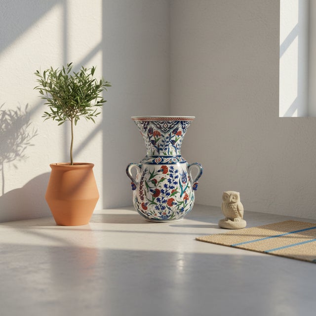 Handmade Ceramic Kandil Vase (50cm) Classic White Triple Handled Floor & Table Decor For Sale - Image 6 of 9