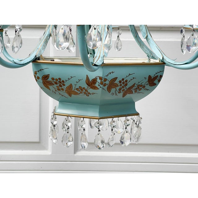 Stunning Tiffany Blue with Leaf in Gold Gilt Vintage Chandelier. 6-arm light Additional two light bulbs in the metal base...