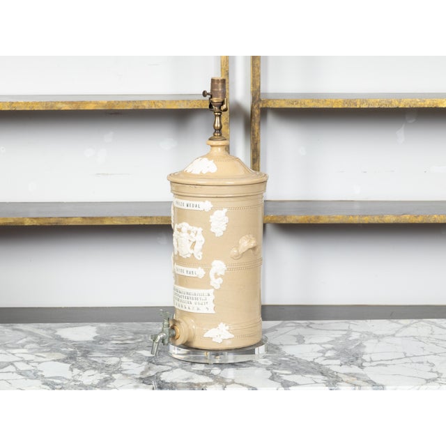 19th Century 19th Century English Cream Glazed Stoneware Water Filter Made into a Wired Lamp For Sale - Image 5 of 11