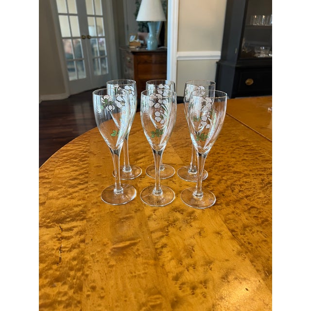 Vintage Art Nouveau Perrier Jouet Hand Painted Floral Champagne Flutes - Design by Emile Galle - Set of 6 For Sale - Image 9 of 13