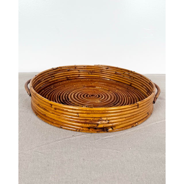 Mid-Century Modern Vintage Pencil Reed Rattan Round Tray For Sale - Image 3 of 7