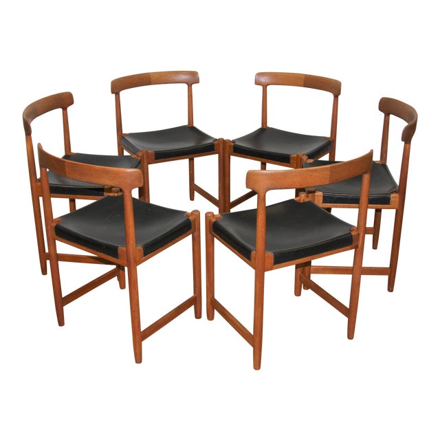 Danish Modern Teak Leather Sling Dining Chairs Set of 6 Chairish