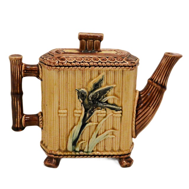 Late 19th Century Victorian Majolica Faux Bamboo Teapot With Relief Songbird Motif, Circa 1890 For Sale - Image 5 of 9