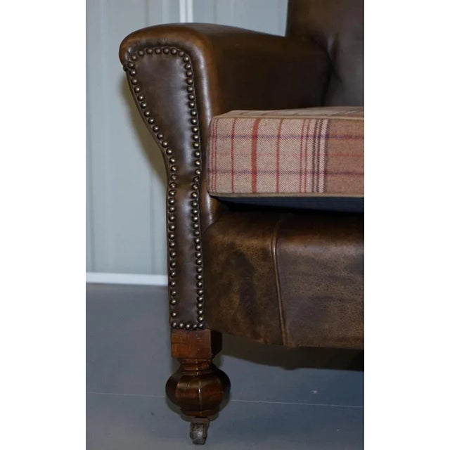 Edwardian Walnut Brown Leather Three-Piece Sofa, Armchairs Suite Tartan Cushions, Set of 3 For Sale - Image 5 of 18
