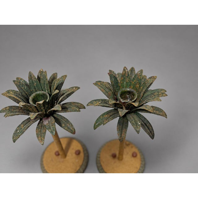 Green Pair of Mid-Century Painted Iron & Tole Palm Tree Candlesticks For Sale - Image 8 of 10