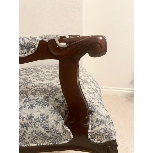 Louis XV Style Bergere Carved Wood and Blue and Dark White Designed Upholstered Chair Vintage For Sale In Denver - Image 6 of 16