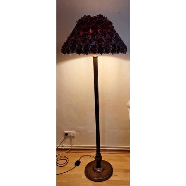 German Art Deco Floor Lamp with Patinated Brass Base and Handmade Flower Shade, 1930s For Sale - Image 12 of 13