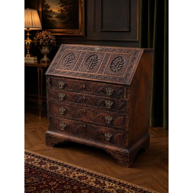 18th Century Carved Oak Fall-Front Bureau with Fitted Interior, 1760 For Sale - Image 3 of 10