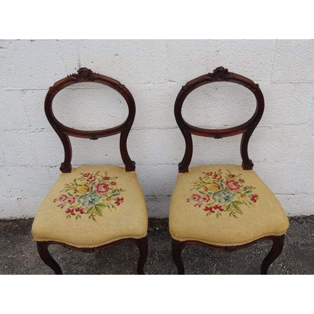 Victorian Victorian Late 1800s Carved Tapestry Small Accent Side Chairs a Pair 6379 For Sale - Image 3 of 12