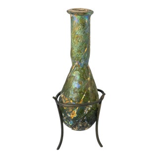 Ancient Roman Iridescent Green Glass Alabastron Vase For Sale