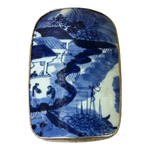 Chinese Old White Base Blue Flower Village Scenery Porcelain Art Pewter Box