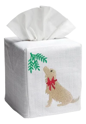 Yellow Holiday Lab Tissue Box Cover in White Linen & Cotton, Embroidered