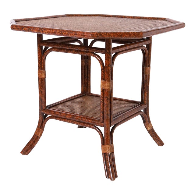 Vintage Faux Bamboo and Grasscloth Two Tiered Table For Sale
