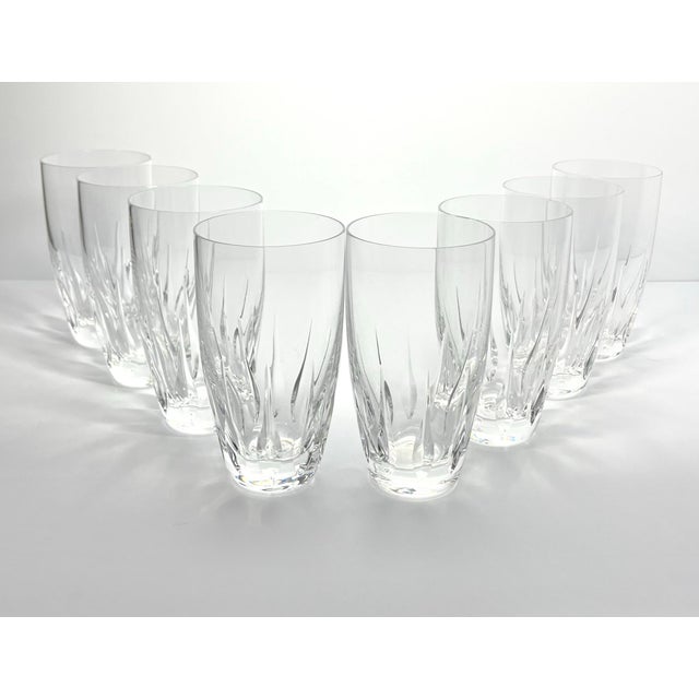 American 1960s Vintage 8 Crystal Highball Tumbler Glasses, Sharp Flame Cuts For Sale - Image 3 of 6