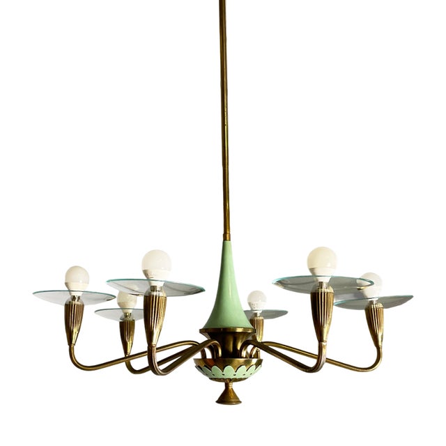 Mid-Century Modern Italian Chandelier in Glass and Green Metal, 1950s For Sale