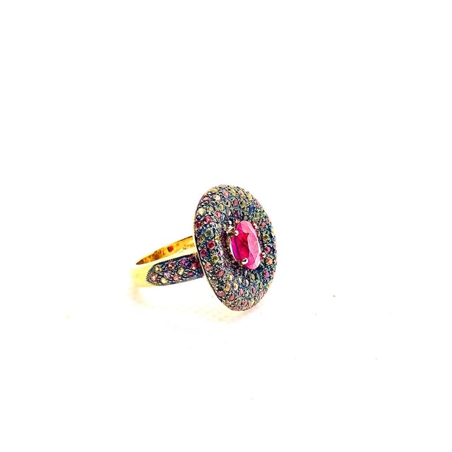 Bochic “Orient” Vintage Natural Ruby & Multi Sapphire Ring Set In 18K Gold & Silver For Sale - Image 4 of 8