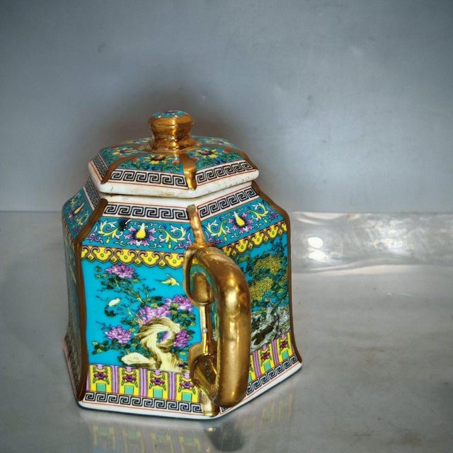 Hexagonal Famille Rose Gilded Porcelain Teapot, Chinoiserie Decor Tea Vessel For Sale In New York - Image 6 of 9
