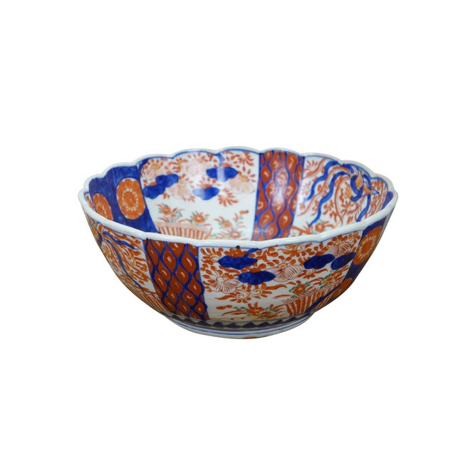 Antique Japanese imari porcelain fruit / serving bowl - round form with scalloped edge, decorated in blue and orange with...