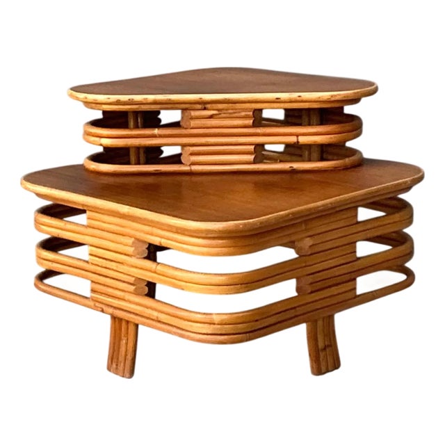 Vintage Stacked Rattan Side Table After Paul Frankl For Sale