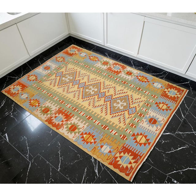 Contemporary Hand Woven Super Fine Turkish Oushak Kilim Ultra Quality Flat Weave Wool Rug - 3′9″ × 5′4″ For Sale - Image 3 of 16