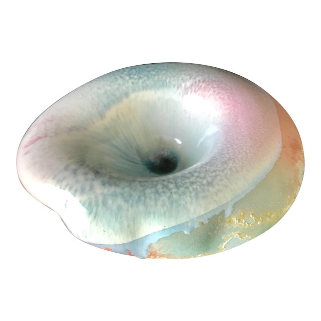 1970s Large Studio Bowl in Hues of Cream, Turquise Blue & Coral Watercolor For Sale