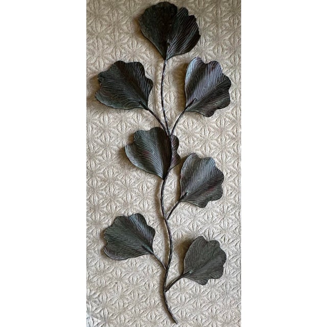 Late 20th Century Oversized Sculptural Metal Botanical Wall Art Organic Modern Verdigris Bronze Gingko Leaf 69” For Sale - Image 5 of 7