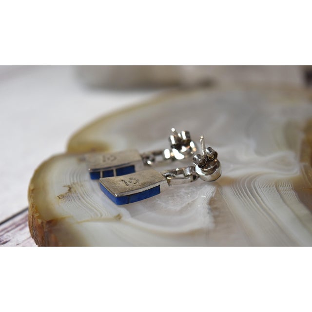 Blue Vintage Escorcia Sterling Silver Lapis Inlaid Dangle Post Earrings, A Pair For Sale - Image 8 of 17