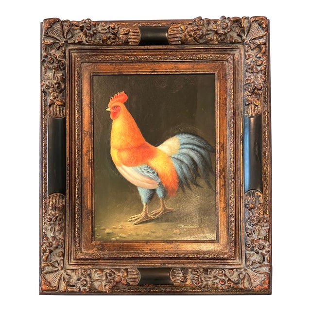 1950s Mid Century Rooster Oil Painting With Spanish Baroque Style Frame For Sale