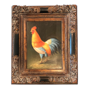 1950s Mid Century Rooster Oil Painting With Spanish Baroque Style Frame