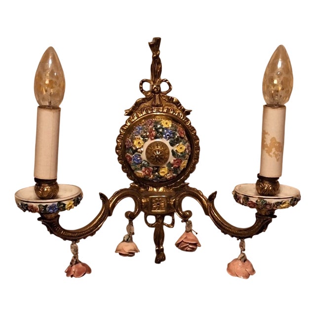 Mid-Century Modern Spanish Boho Ceramic and Brass Wall Light For Sale