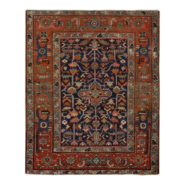 1900 4'6"x5'6" Blue Antique Persian Heriz Hand Knotted Wool Worn Down Oriental Rug For Sale
