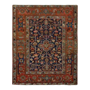1900 4'6"x5'6" Blue Antique Persian Heriz Hand Knotted Wool Worn Down Oriental Rug