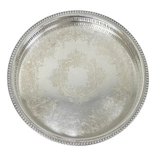 Mid 20th Century Webster Wilcox "Brandon Hall" 7572g Silver Plated Reticulated 15" Round Bar Tray For Sale