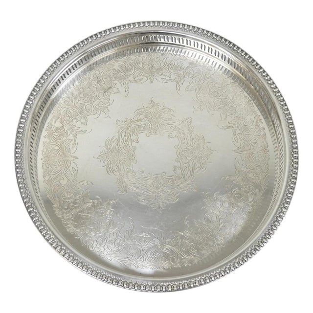 Mid 20th Century Webster Wilcox "Brandon Hall" 7572g Silver Plated Reticulated 15" Round Bar Tray For Sale