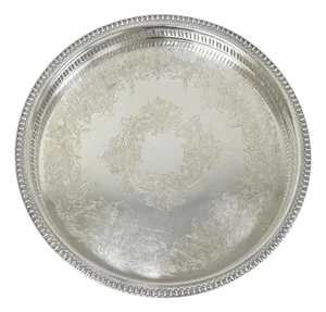 Mid 20th Century Webster Wilcox "Brandon Hall" 7572g Silver Plated Reticulated 15" Round Bar Tray