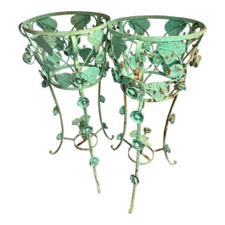 1970s Large Verdigris Wrought Iron Standing Planters With Decorative Dangling Rose and Leaf Motif, a Pair For Sale