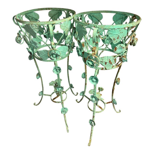 1970s Large Verdigris Wrought Iron Standing Planters With Decorative Dangling Rose and Leaf Motif, a Pair For Sale