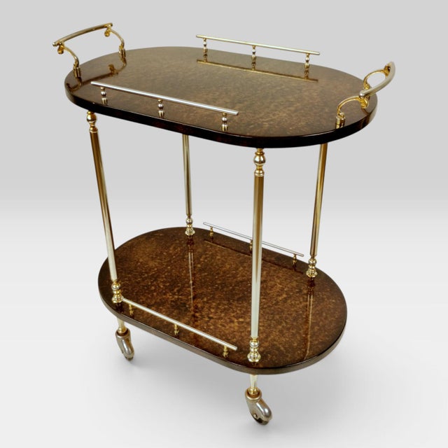 Mid-Century Modern Italian Serving Trolley Bar Cart in Lacquered Goatskin Parchment, 1960s For Sale - Image 6 of 18