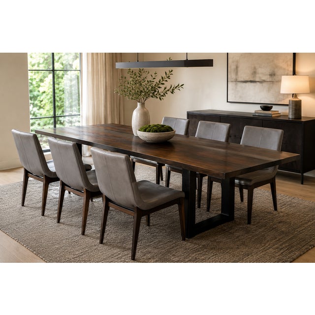 An elegant set of six Holly Hunt Studio H dining chairs featuring sculptural scoop-form silhouettes upholstered in supple...