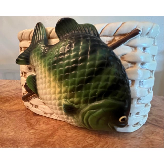 1960s Napco Vintage Creel Fish and Fishing Basket Ceramic Planter, Japan For Sale In Detroit - Image 6 of 12