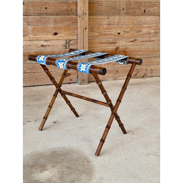 Vintage Walnut Faux Bamboo Folding Luggage Rack With Needlepoint Straps For Sale - Image 10 of 11