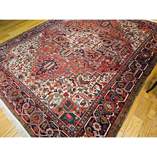 Vintage Persian Heriz Rug, Hand-Knotted Wool, Geometric Medallion Pattern, Red & Navy, 9x11 For Sale In Chicago - Image 6 of 17