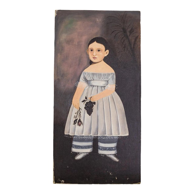 American Primitive School Reproduction Oil Painting | Portrait of a Girl For Sale