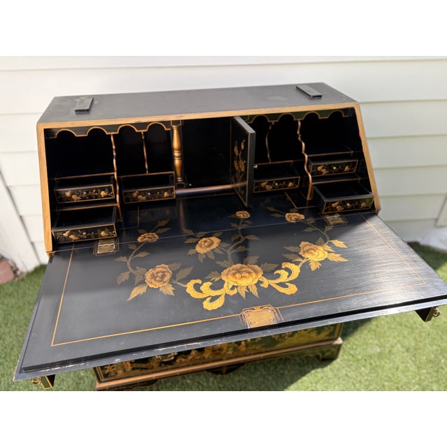 Wood Georgian Furnishing Co. Black & Gold Chinoiserie Secretary Desk For Sale - Image 7 of 10