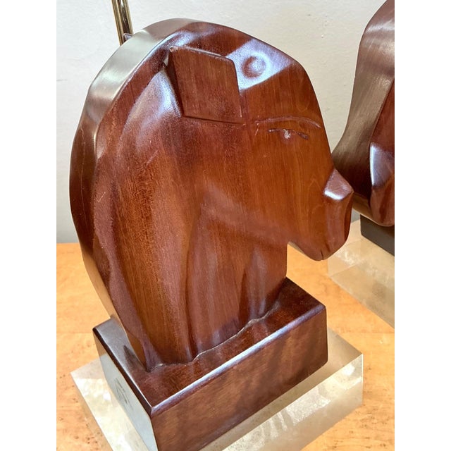 Vintage Carved Wood Horse Lamps on Lucite Base - A Pair For Sale - Image 12 of 17