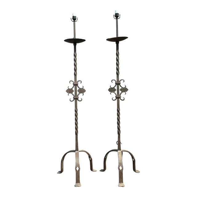 Vintage Twisted Wrought Iron Floor Lamps - A Pair For Sale