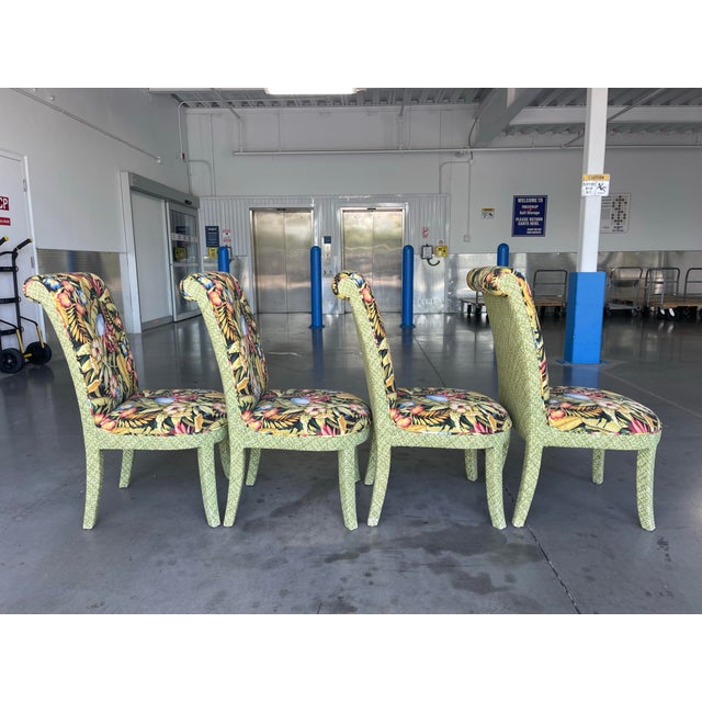 Green Parsons Style Dining Chairs With Rounded Apron and Tapered Legs in Tropical Botanical Upholstery, Set of 4 For Sale - Image 8 of 12