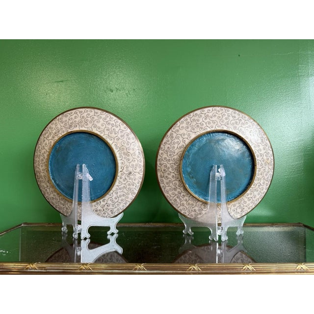 Pair of Japanese Cloisonne Enamel Plates Chargers Ducks Pastel Floral Borders For Sale - Image 15 of 18